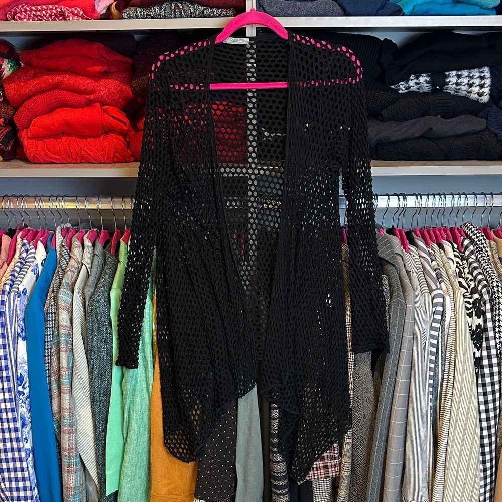 Aquativa black open weave long sleeve open front waterfall kimono size S